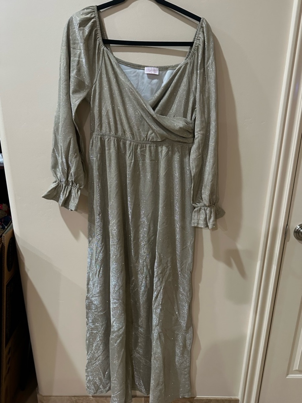Metallic Sage Wrap Maxi Dress with Ruffle Cuffs